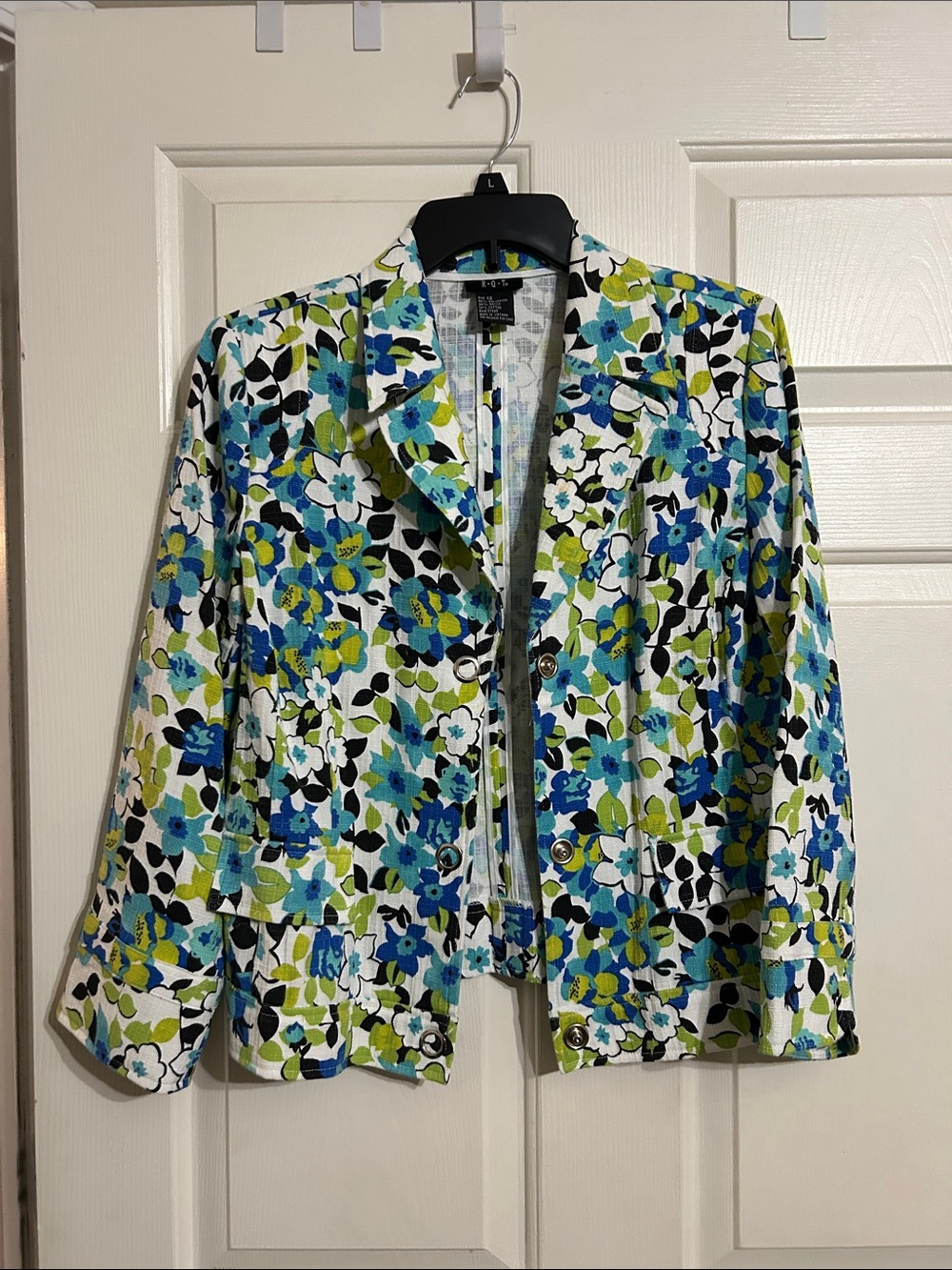 Blue, Green & White Floral Cotton-Blend Blazer